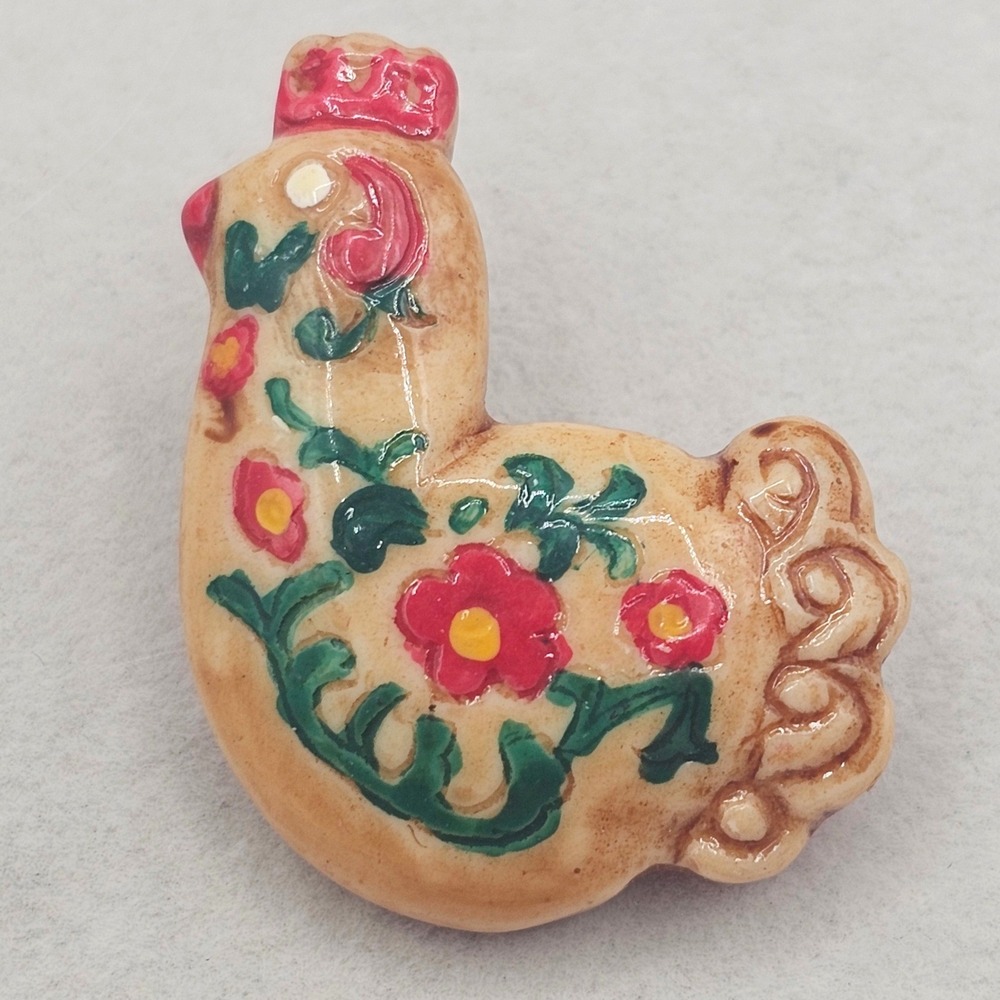 Vintage Chicken Brooch Pin Painted Floral Hen Kitsch Farmhouse Country Barnyard